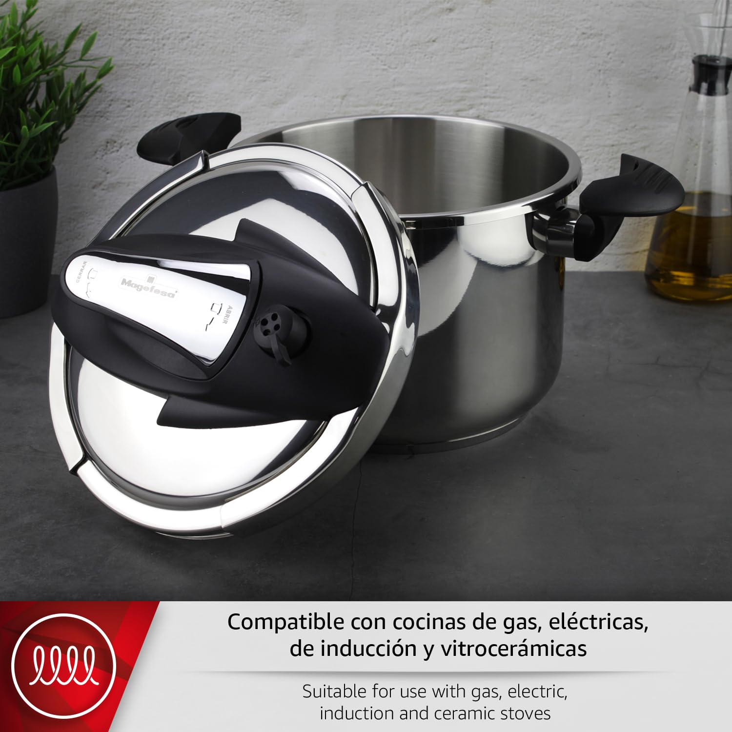 Magefesa Nova - Pentola a Pressione Rapida da 6L, Acciaio Inox 18/10, Sensore di Pressione, Chiusura Facile e Comoda, Cucina Sana, Induzione, Risparmio Energetico
