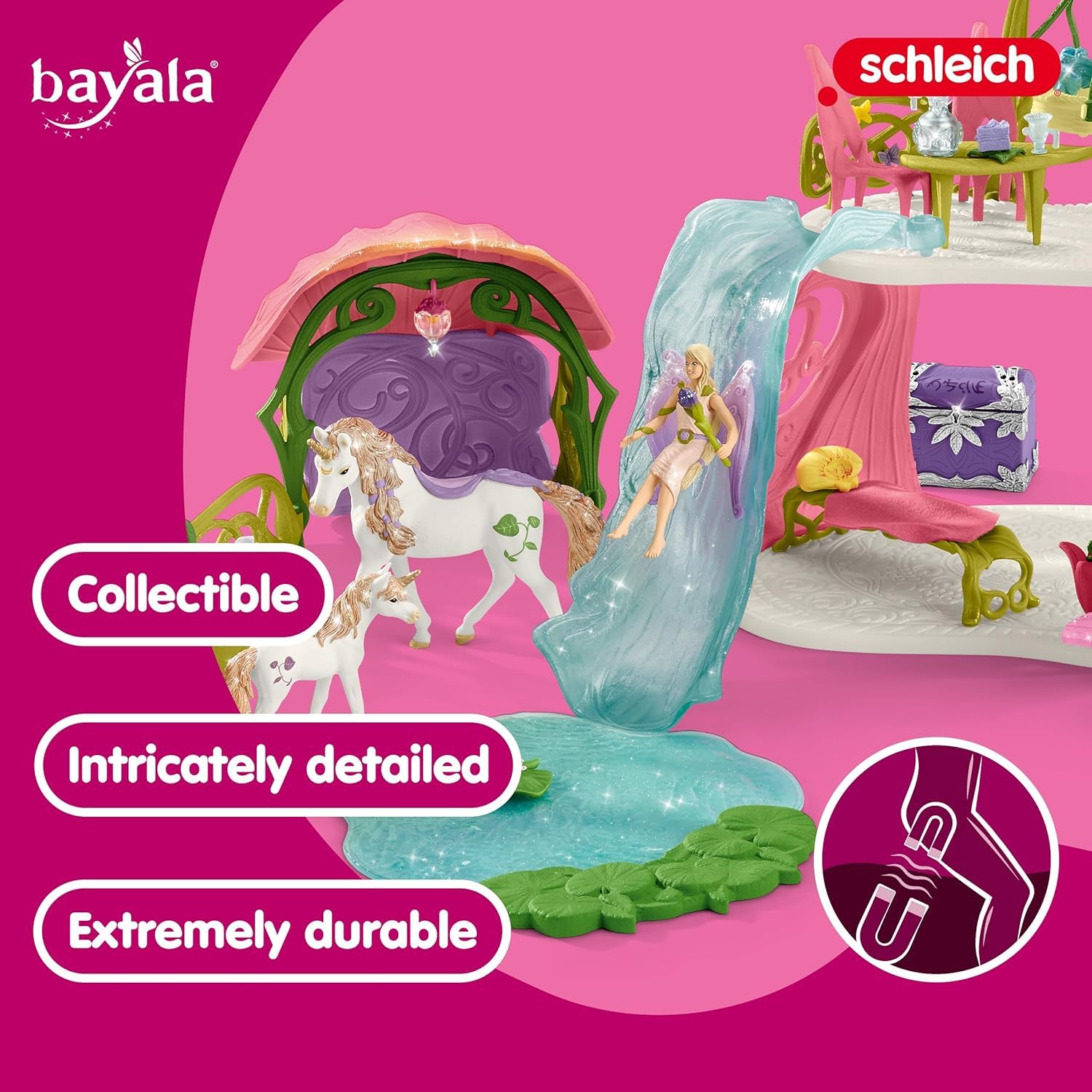 schleich BAYALA | Kwiatowy domek z jednorożcami, jeziorem i stajnią 42445 | zestaw z elfką, wiewiórką chmurką i akcesoriami | mały prezent dla dziewczynek i chłopców | figurka od 5 lat | 71 elementów
