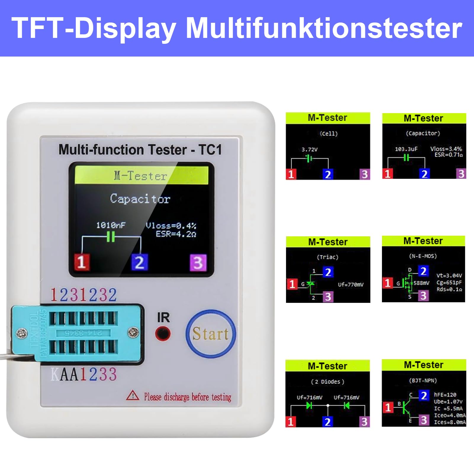 Transistor Messgerät,LCR-TC1 Multifunktionstester,Kapazitäts Widerstands ESR Tester,1,8“ Vollfarbiges Display,für Diode Triode Kondensator Widerstand Transistor LCR ESR NPN PNP MOSFET