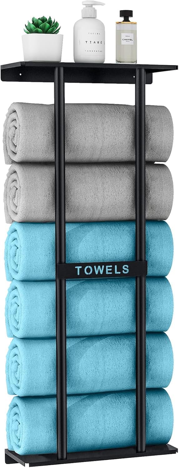 STWWO Bathroom Towel Storage Rack, Towel Racks for Bathroom Wall Mounted 30 inch with Shelf Can Holds 6 Large Towels, Wall Towel Rack for Rolled Towels, Black