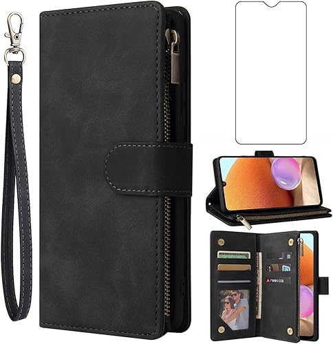 Asuwish Funda compatible con Samsung Galaxy A32 4G de 6.4 pulgadas y protector de pantalla de vidrio templado, funda de cuero con tapa para