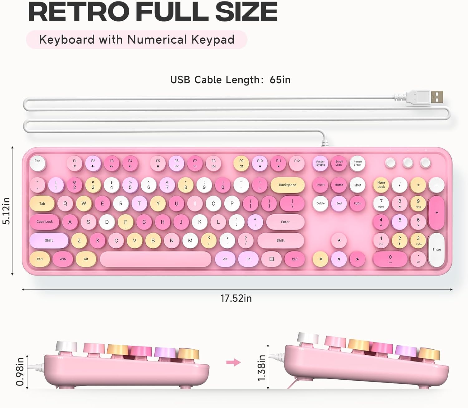Diagram showing the dimensions of the MOFII Wired Keyboard: 17.52 inches length, 5.12 inches width, and height of 0.98 inches (flat) to 1.38 inches (tilted).