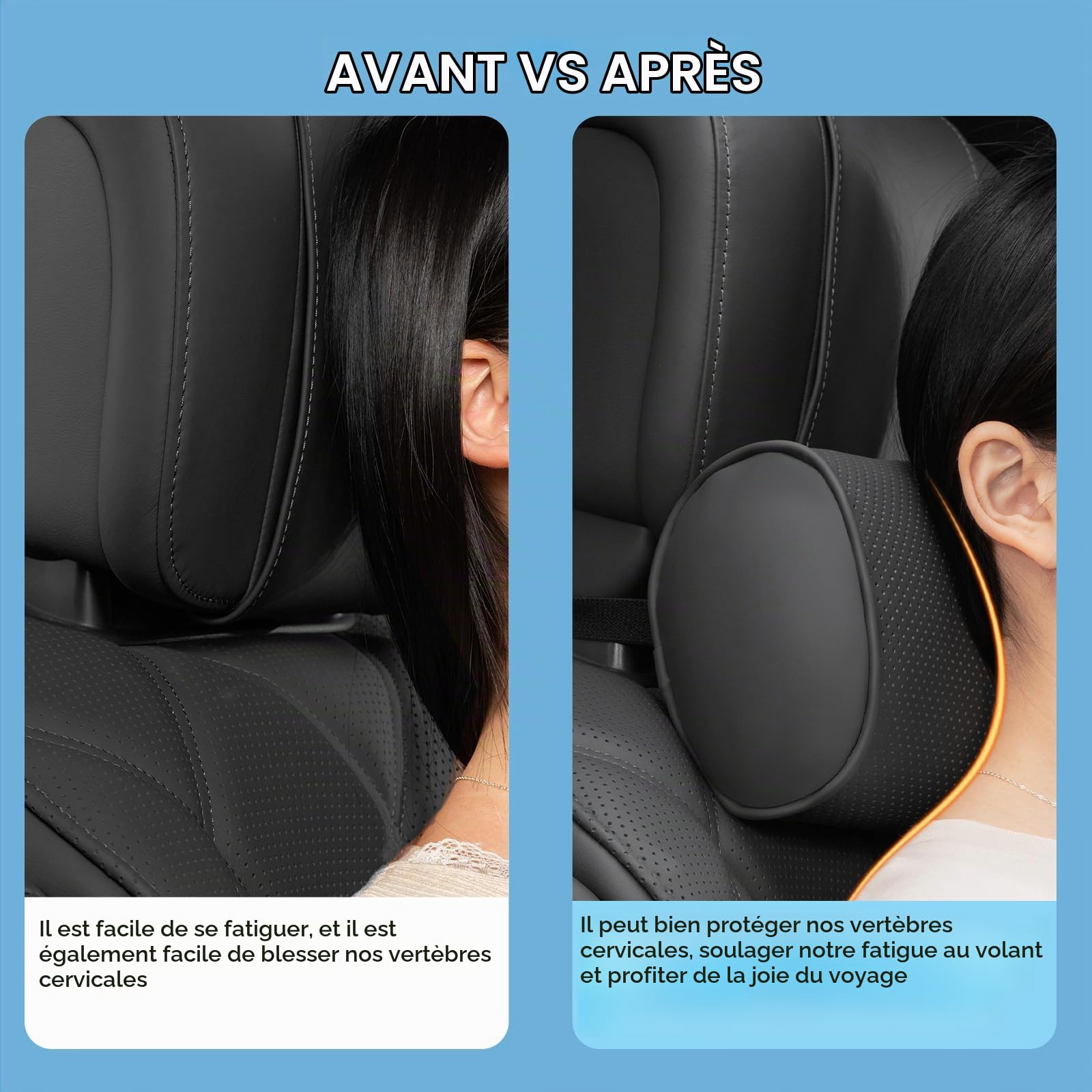 Coussins Appuie Tête Voiture, Support de Nuque D'appuie Repose-Tête Cervical Oreillers de Cou avec Cuir Mousse à Mémoire pour Le Siège d'Auto Conduite Passager Voyage, Noir, 2 Pièces
