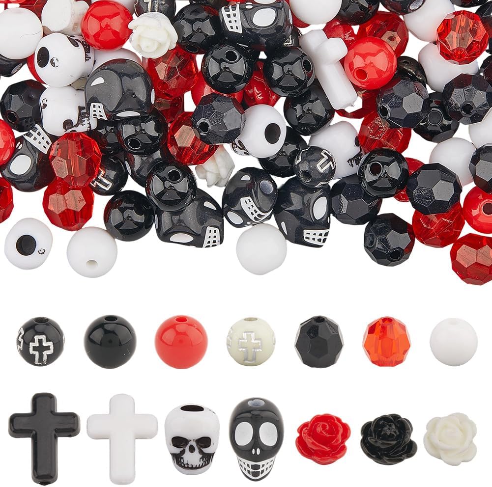 SUNNYCLUE 227Pcs Halloween Beads Kit - Mixed Stone - Skull, Rose, Cross, Round Shapes - DIY Jewelry Making Kit - Adults - Mixed Color