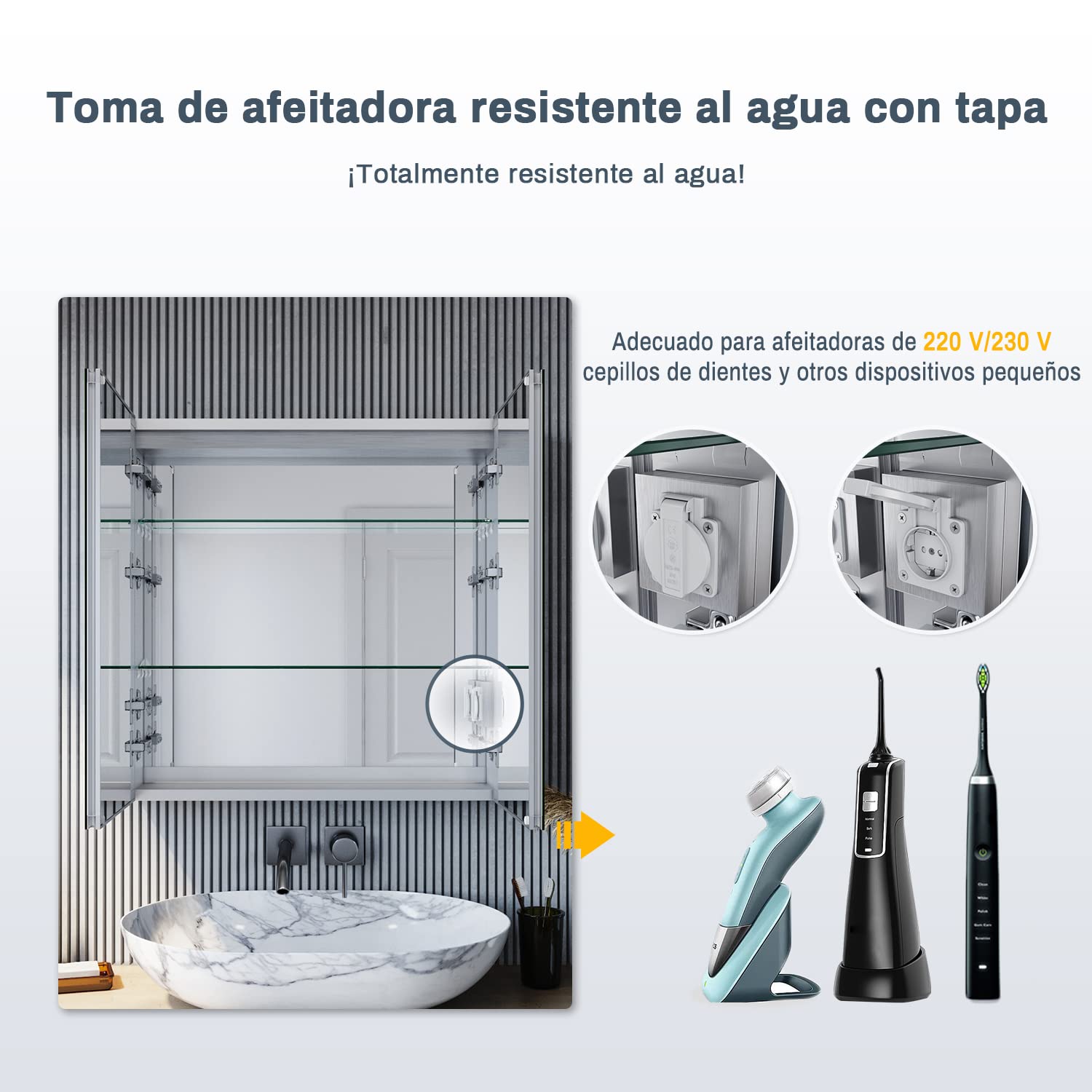 SONNI Armario Espejo Baño con Luz 65 x 65 cm Bisagra Conductora Antivaho,Interruptor Táctil,2 Puertas,Espejo de Baño con Armario y LED,Aluminio y Enchufe para Afeitadora