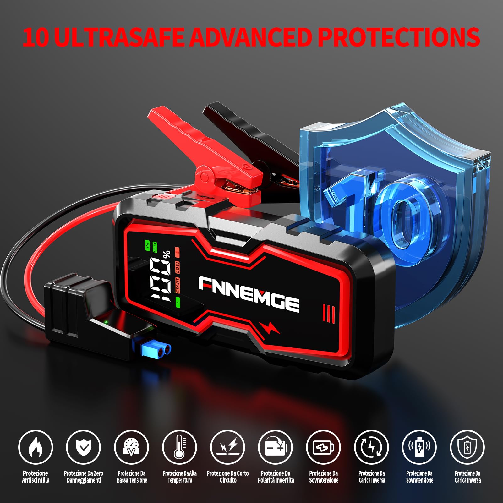 FNNEMGE Avviatore Batteria Auto, 9000A 26800mAh Avviatore Emergenza per Auto （Tutti i Veicoli a Benzina o 10,0L Diesel),Avviatore di emergenza, Jump Starter, con di Uscita USB, Luce LED.