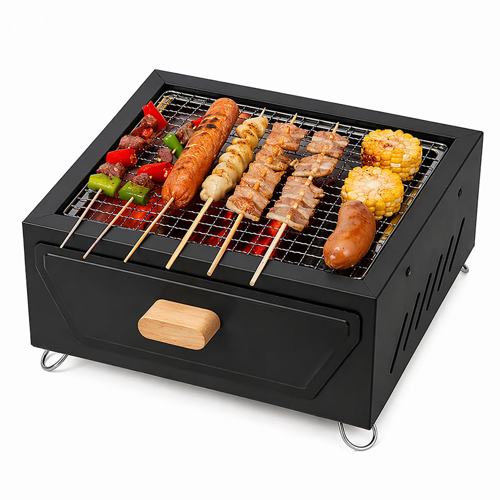 hKjPlvf Portable Charcoal Grill with Griddle Plate and Grill Net 12.2in Square Mini BBQ Grill for Outdoor Camping Picnic Backyard Tabletop Barbecue Stove Drawer Charcoal Tray 2 Colors Black