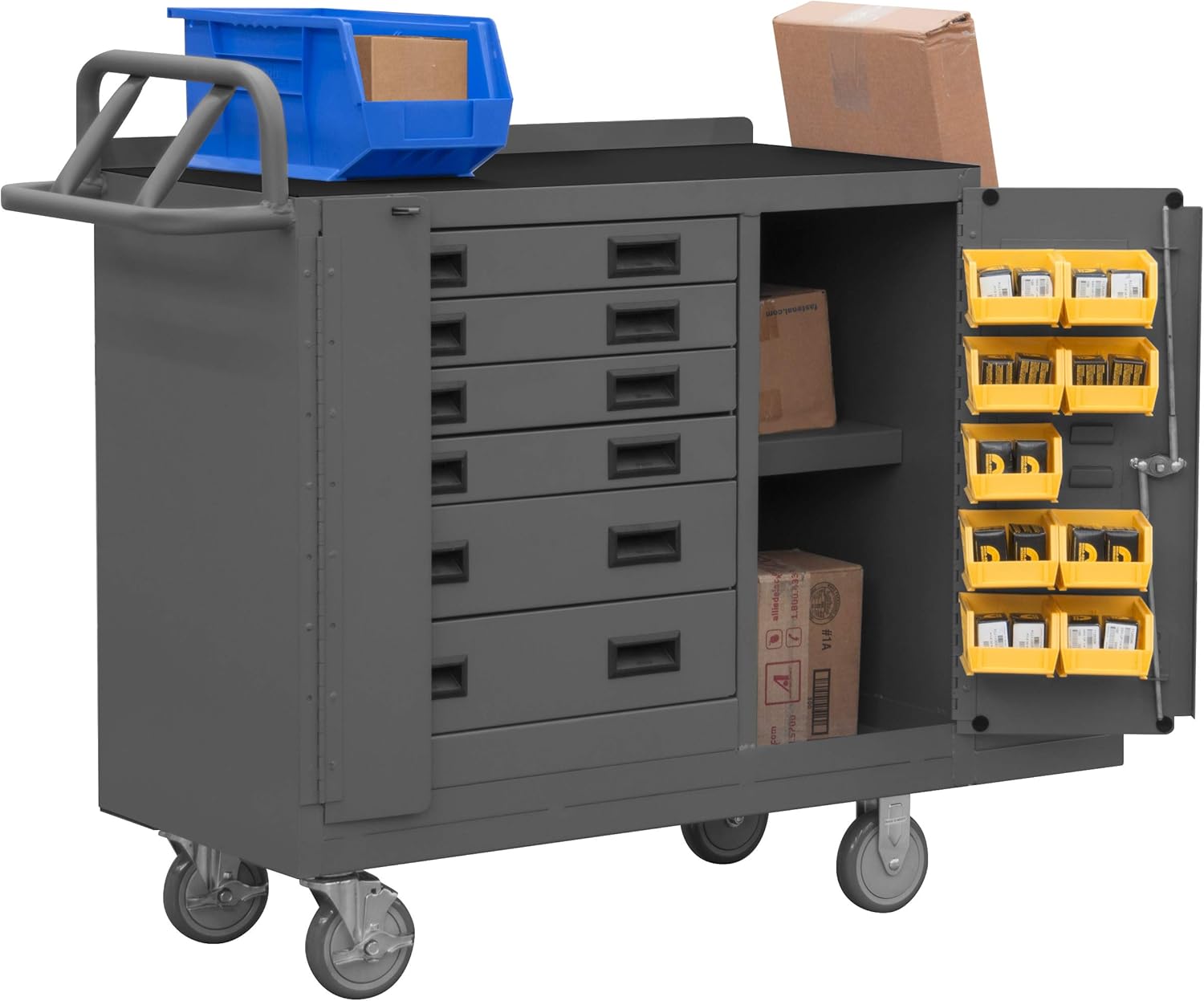 Durham 16 Gauge Welded Steel Mobile Bench Cabinet with 6 Drawers, 2211-DLP-6DR-RM-9B-95, 1 Shelf