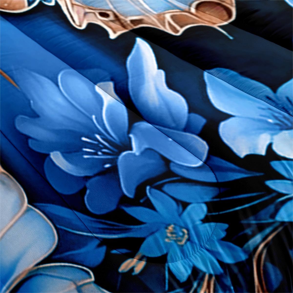Queen Blue Gold Flower Butterfly Comforter Quilt Sets,Butterflies 3pcs Bed in a Bag Comforter Set,1 Comforter and 2 Pillow Shams- 90x90 inches