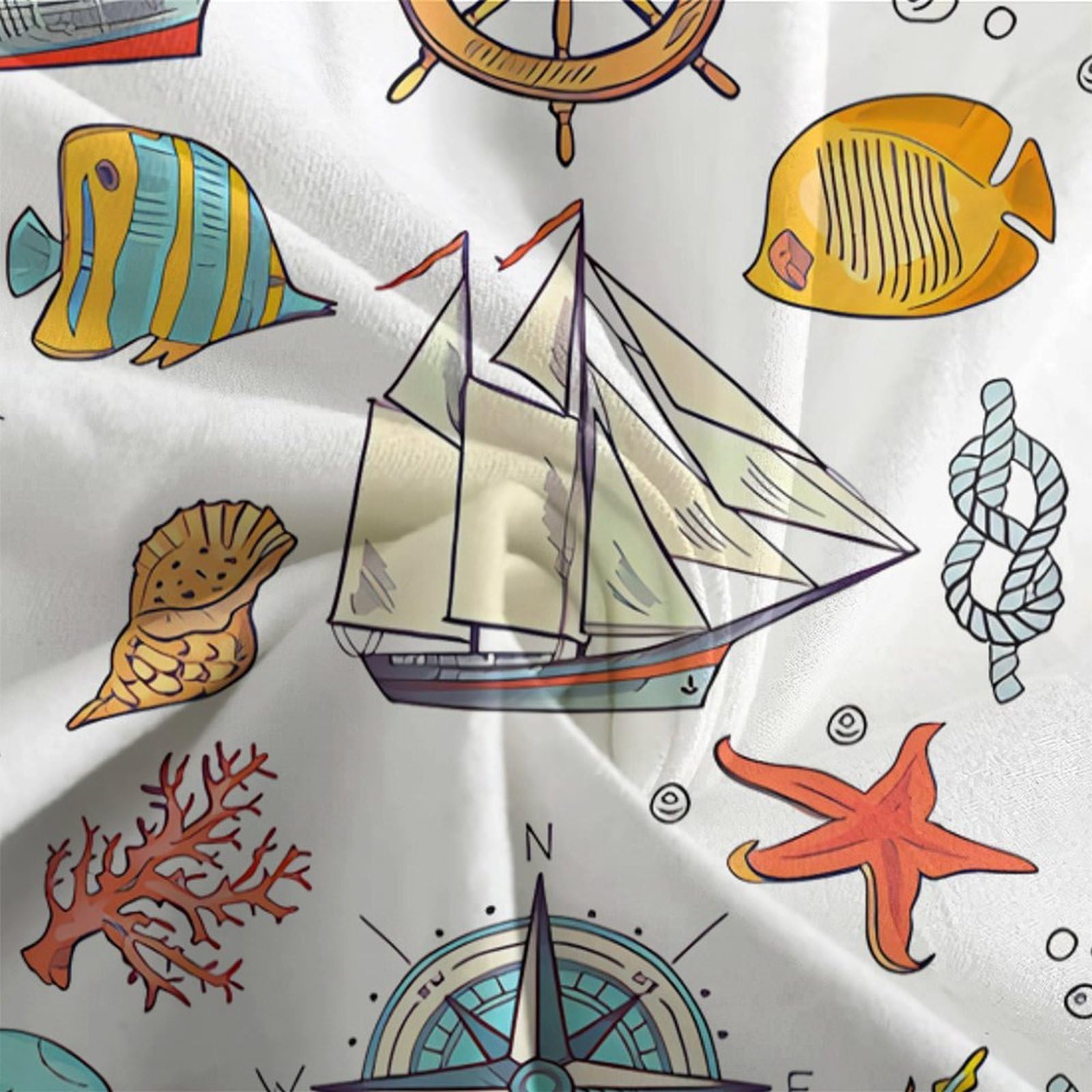 Nautische Ikonen 3-teiliges Pflegeleichtes Polyester Handgezeichneter Stil Kinderbettwäscheset, 2 Kissenbezug, Unsichtbarer Reißverschluss, Babysicher & Gifffrei King（220x240cm）