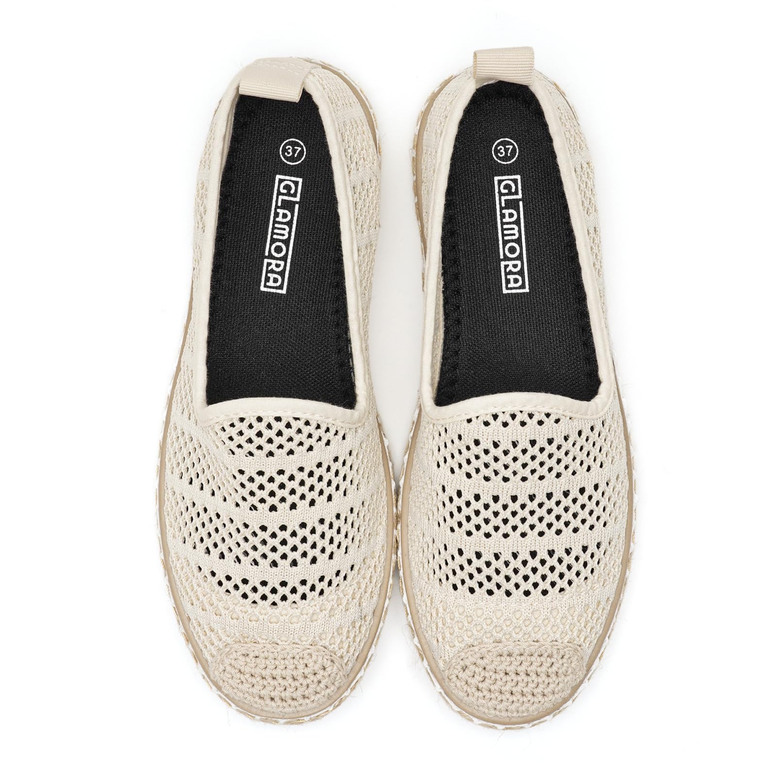 GLAMORA Alpargatas Mujer Caladas Slip On Punto Transpirable Zapato Plano Ligero Flexible Suela Goma Efecto Esparto Crochet Puntera Cerrada Comodo Verano Sin Cordones