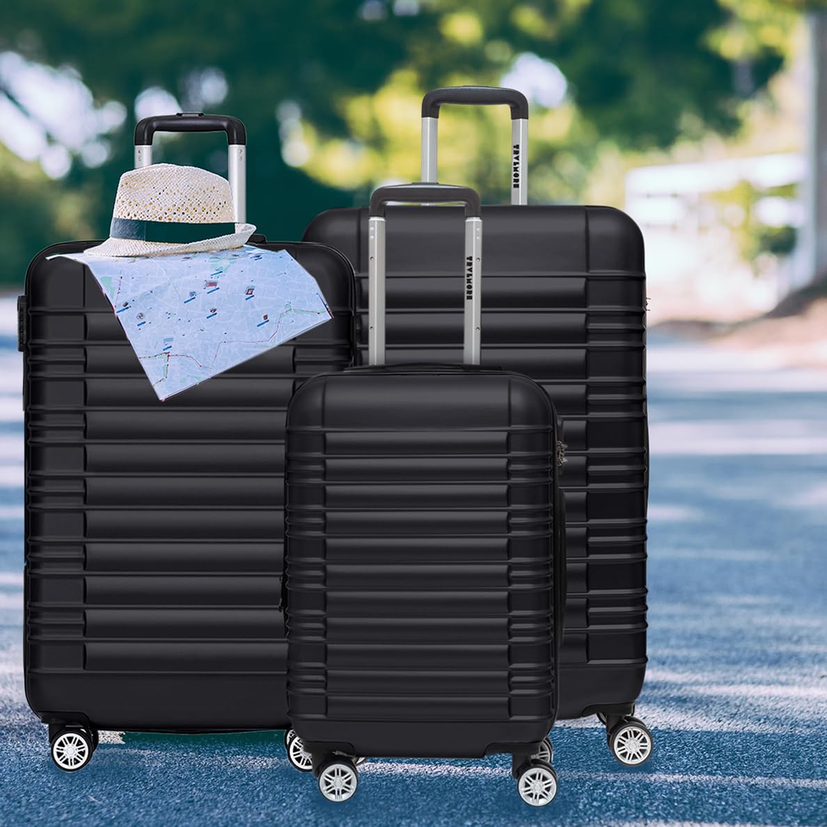 TRVLMORE Set Valise Rigide - Lot Valise - 3 Set de Valise de Voyage - Set Valises Rigides 4 roulettes - Luggage - Set 3 Valises - Ensemble Valise - Suitcase Set - Noir