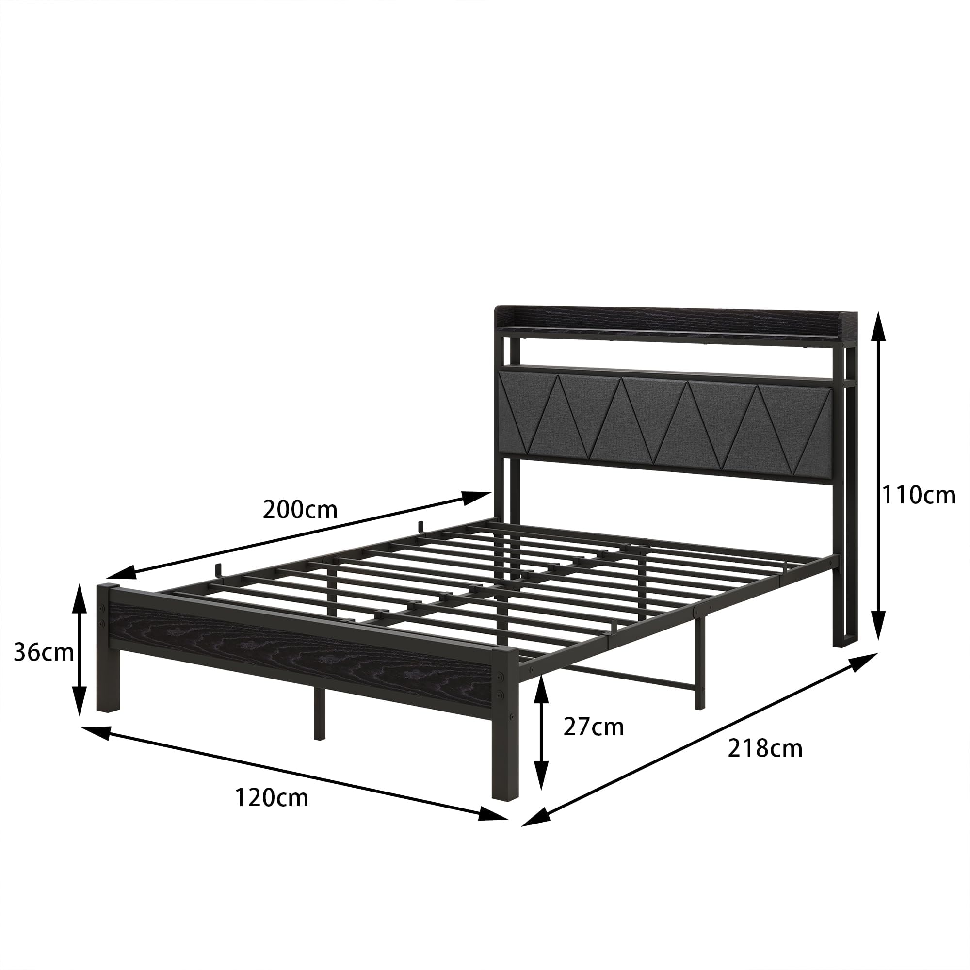 Estructura de cama tapizada de 120 x 200 cm, marco de cama doble con LED y estación de carga, marco de cama con espacio de almacenamiento, cama juvenil, cama de invitados con cabecero