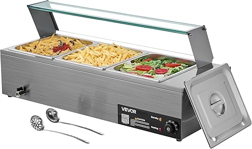 Miniatura 9 de VEVOR Calentador de alimentos comercial, calentador de alimentos eléctrico de acero inoxidable de 1500 W con cubierta de vidrio, 3 sartenes para