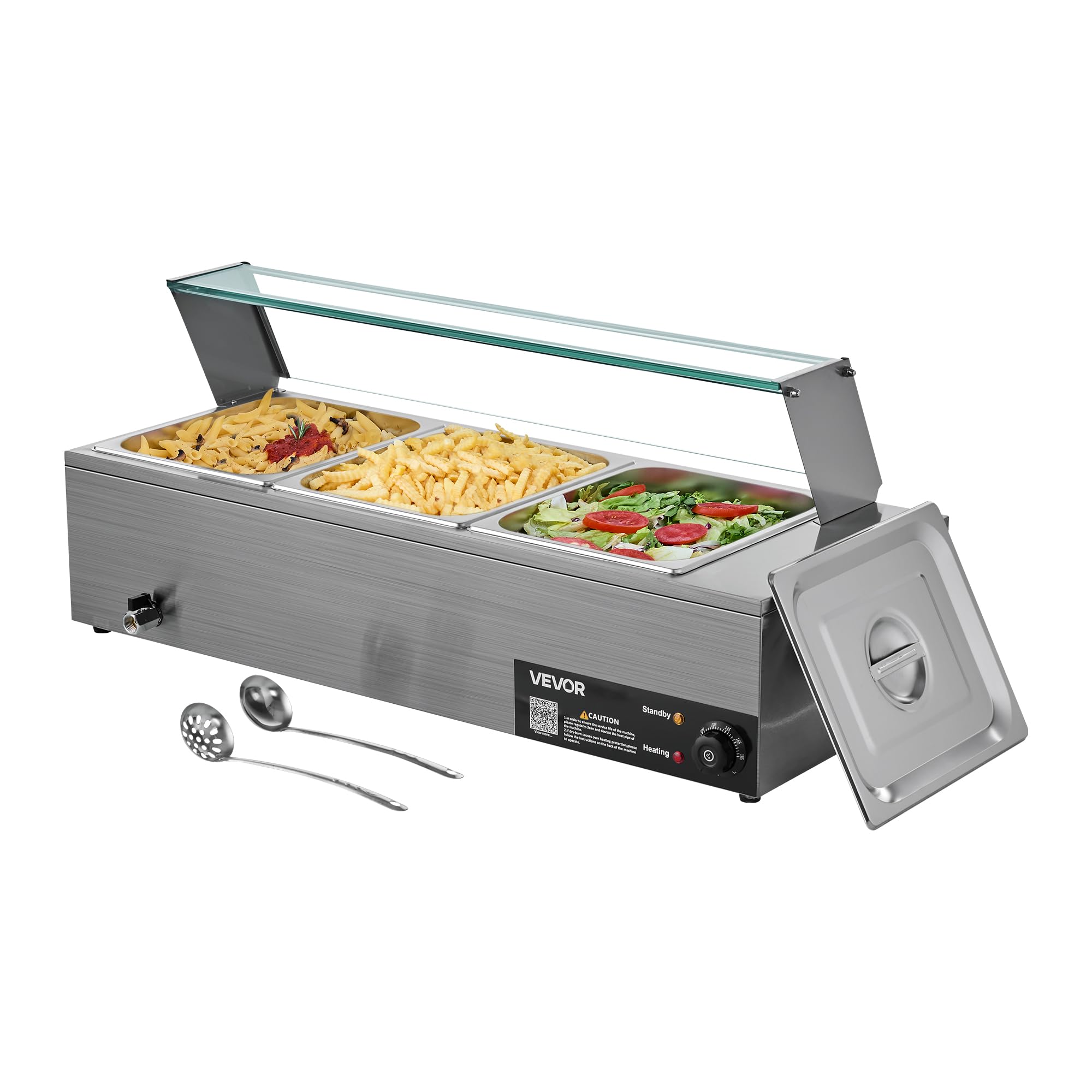 VEVOR Chauffe-Plat Électrique à Vapeur 1500 W, Buffet Chauffant en INOX, Bain-Marie avec 3 Bacs, Couvercle en Verre et Louches à Soupe et Perforées, pour Servir Buffet en Libre-Service Restauration