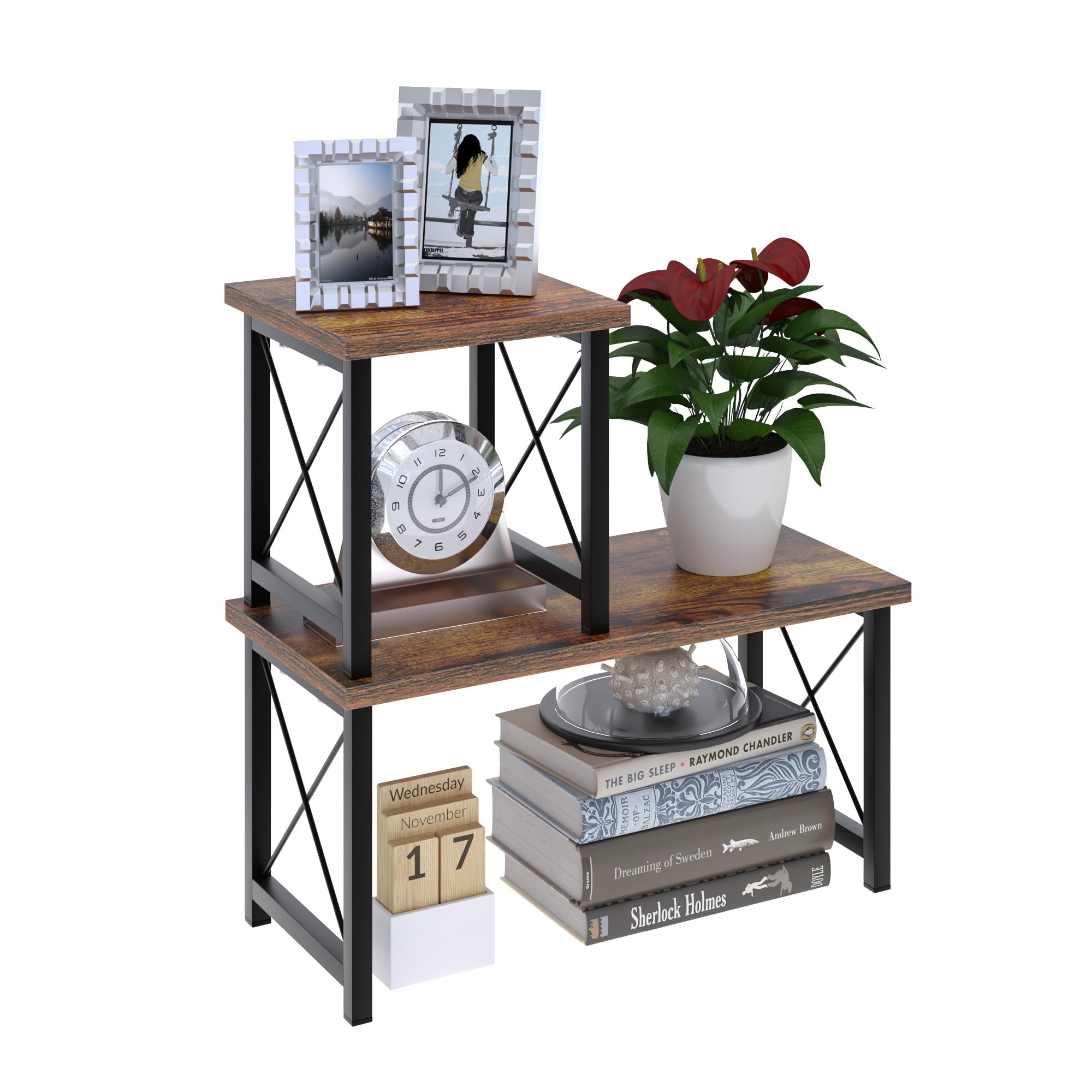 Tischregal & Schreibtisch Regal für Büro | Mini & Kleines Regal für Arbeitsplatte Küche | 40X40X19cm, in Holz/Metall, Stackable Desk Rack (Rauchholz)