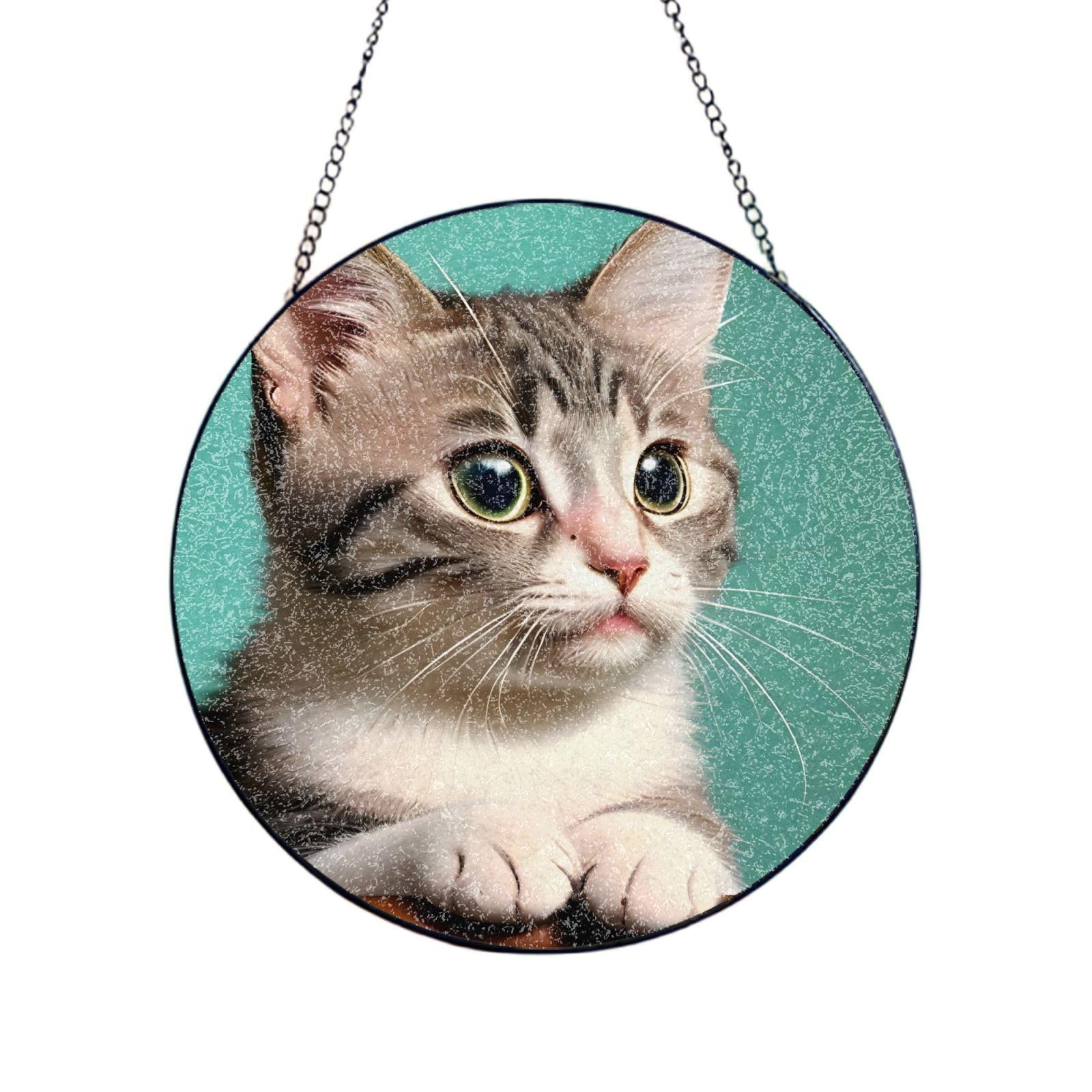 Phayah A Curious Cat Print Glass Window Hanging Sun Catchers Suncatcher Decor For Birthday For Home Garden Porch 10in（25cm）