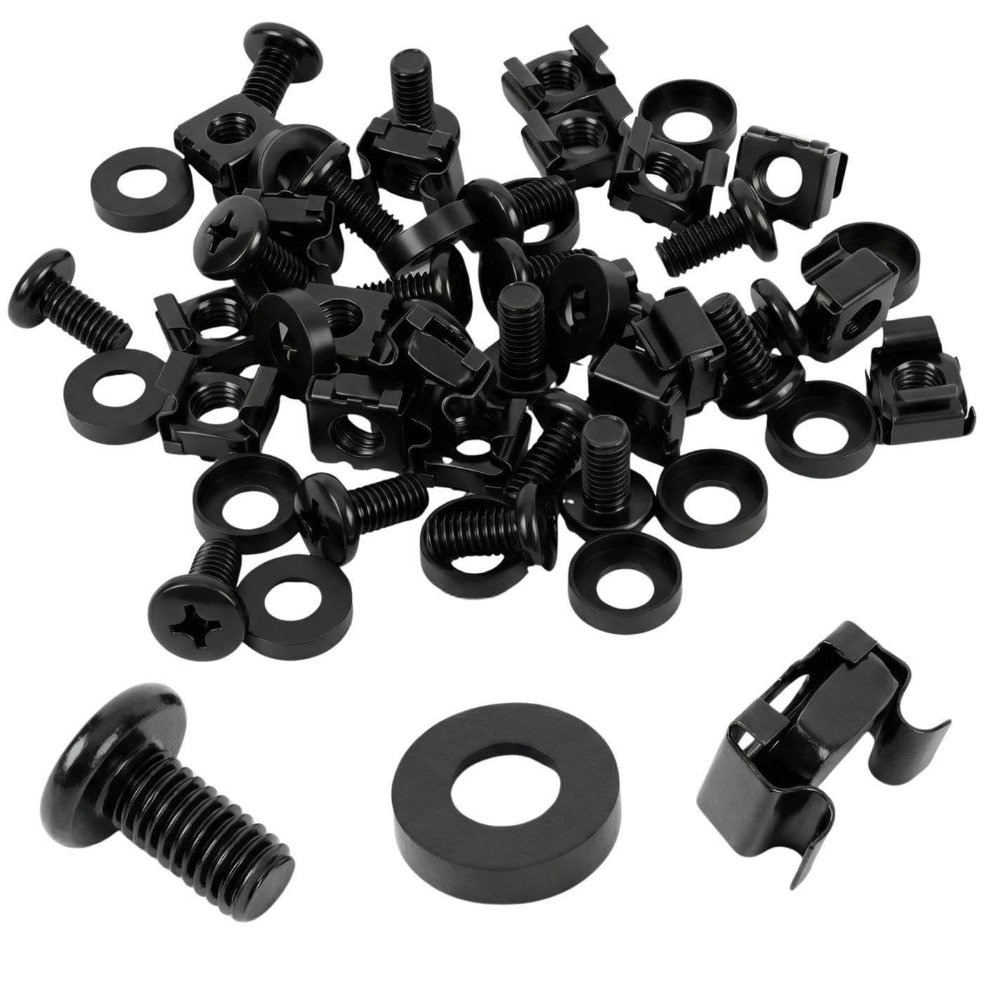 Lumonic Dadi della gabbia M6 | 20 pezzi set completo nero | Viti per rack con disco antigraffio | per armadio di rete da 19 e 10 pollici pannello patch per armadio server
