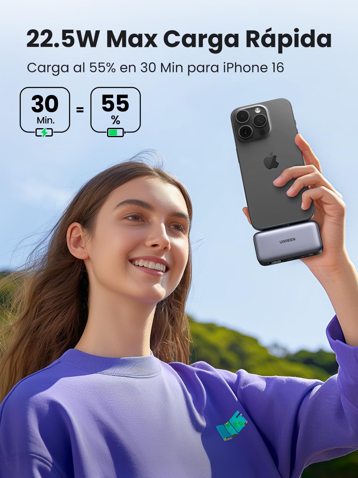 UGREEN Power Bank - Batería externa de 5000 mAh - Connettore USB-C - Con supporto - Nero