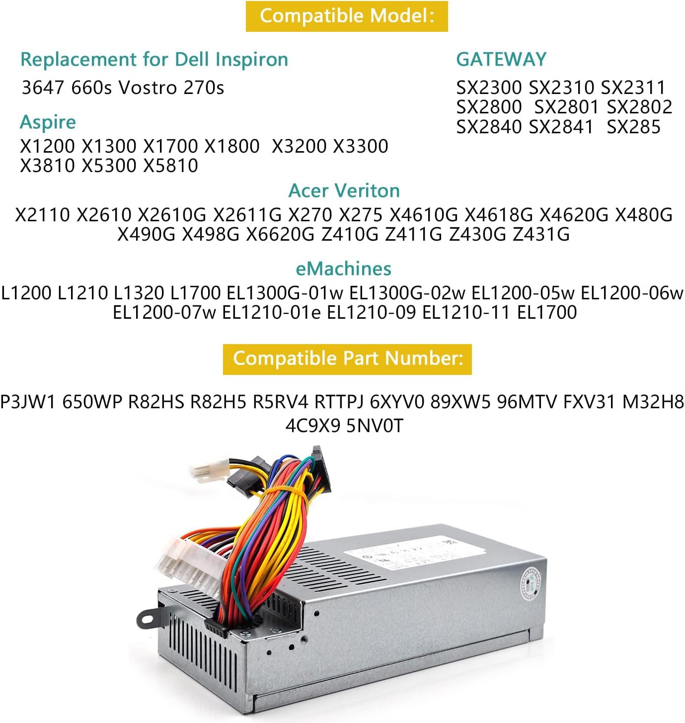 D220ES-01 220W Power Supply Compatible with Dell Inspiron 3647 660s Replacement for Acer X1420 X3400 eMachines Gateway Series Delta DPS-220UB A Liteon L220AS-00 H220AS-00 R82HS R82H5