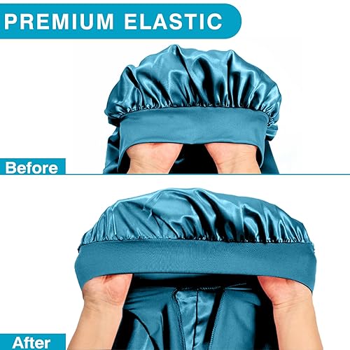 Miniatura 4 de 2 gorros para mujeres negras, gorro de satén largo grande para trenzas, gorro de seda para mujeres negras con banda de amarre elástica para dormir