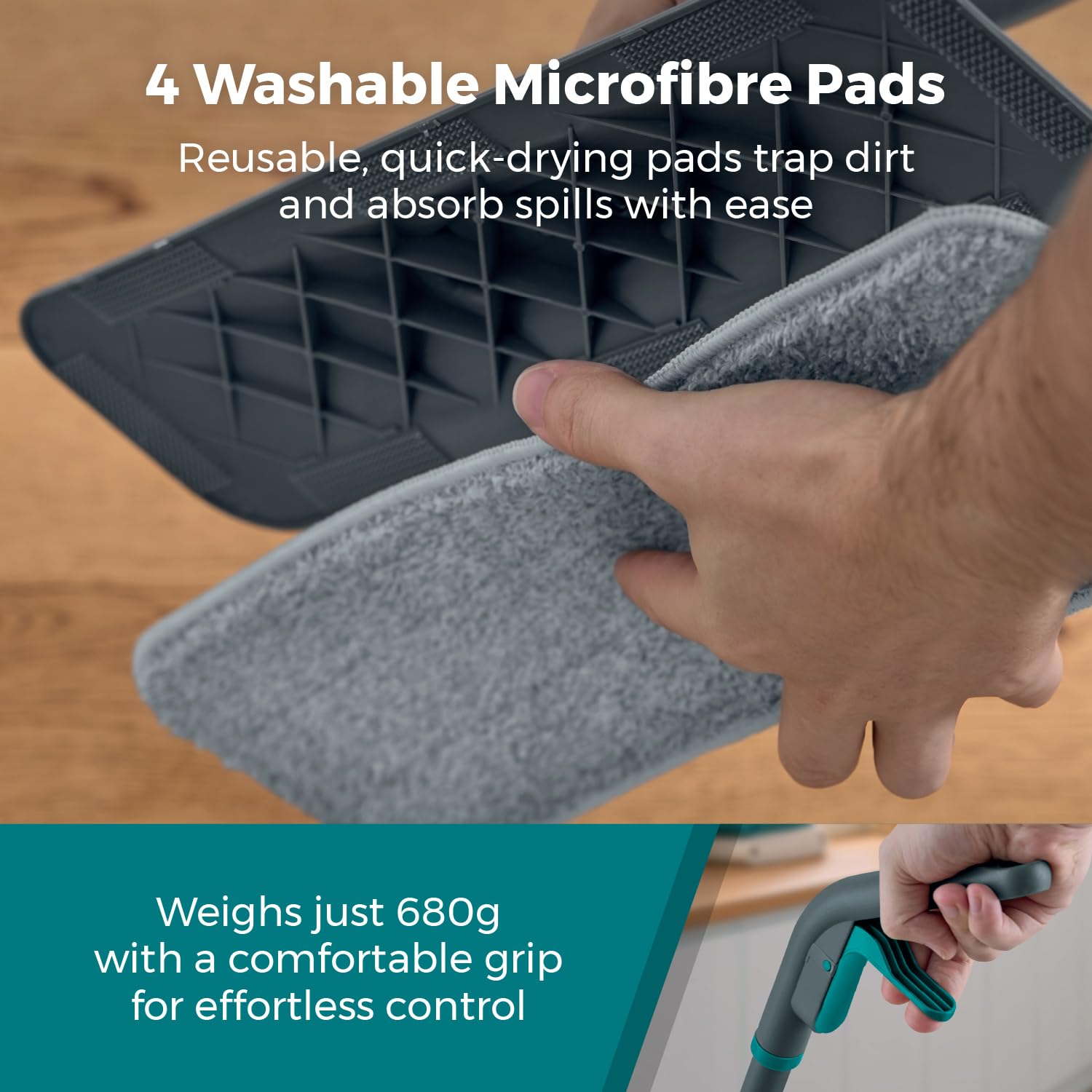 Tower Trapeador en Aerosol con 4 Almohadillas de Microfibra Lavables y Botella Recargable de 500 ml, Ligera, ergonómica, Limpieza multisuperficie, Antracita y Verde Azulado, T769012TL