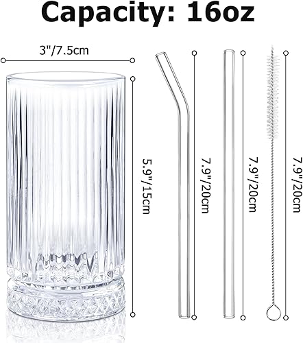 Miniatura 4 de YICTION Juego de 6 vasos de cristal acanalados vintage de 16 onzas con pajitas, vasos de vidrio transparente para café helado, cóctel, whisky,