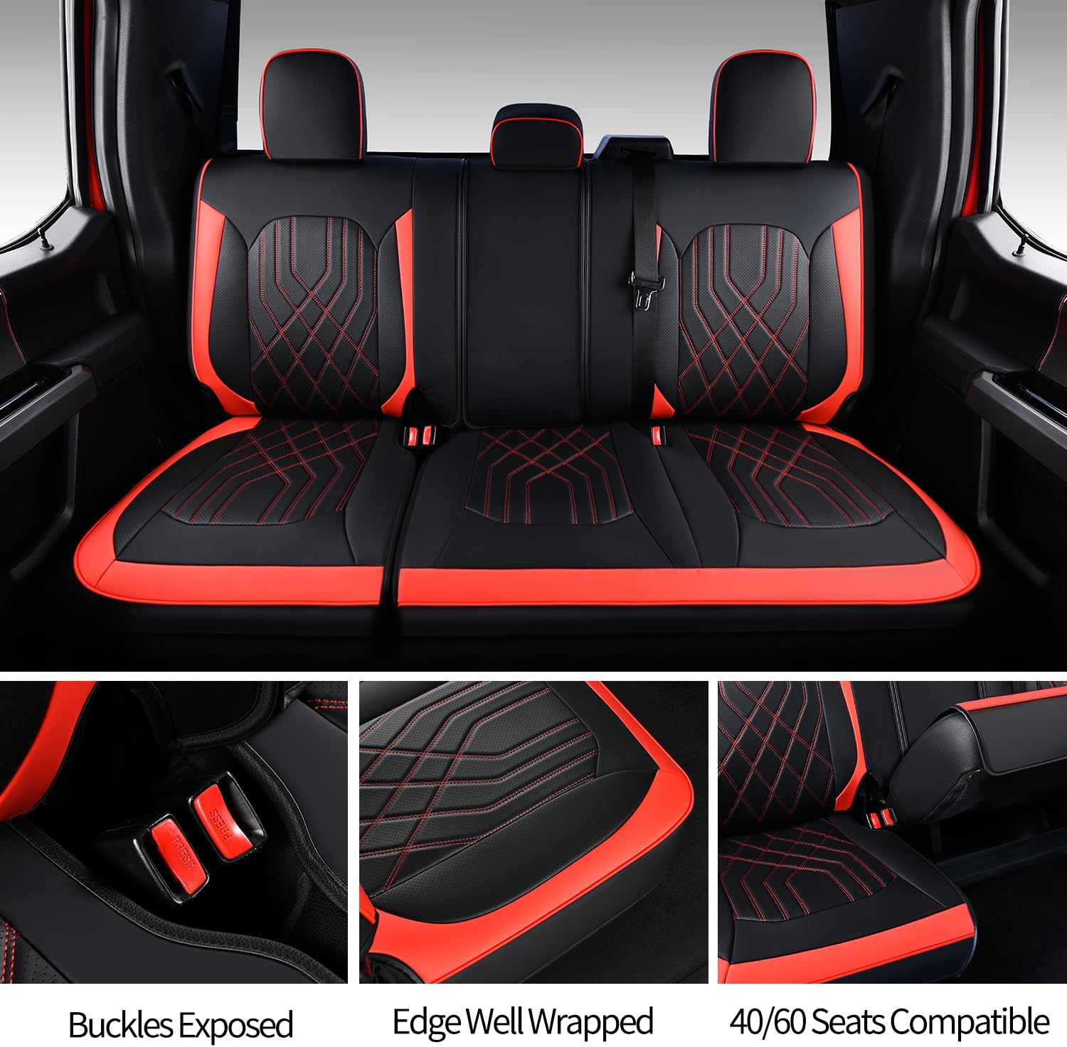 Silverado Sierra Truck Napa Leather Seat Covers, for 2019-2026 Chevy Silverado GMC Sierra 1500 & 2020-2026 2500HD 3500HD Crew Cab(Full Set, Black&Red)