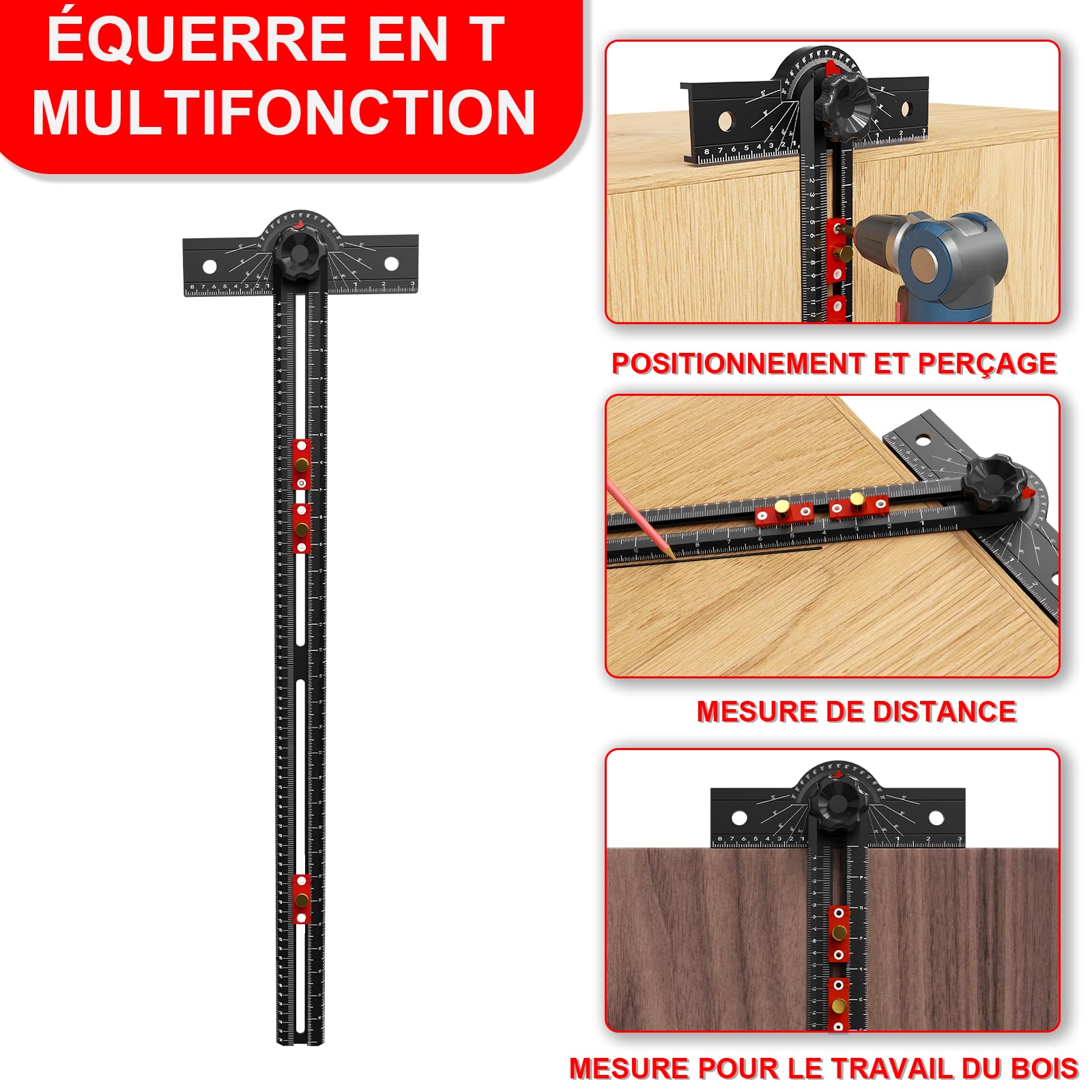 Équerre en T de Menuiserie 74cm Outil de Mesure à Angle Réglable 15-165°, Corps en Alliage d'Aluminium, Guide de Perçage de Précision pour Menuiserie, Dessin Technique, Architecture et Artisanat