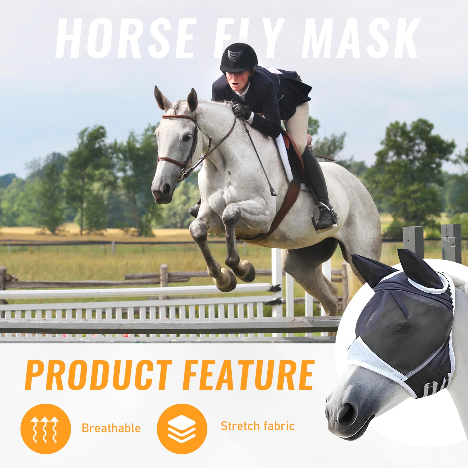 Gloryit Maschera Mosche Cavallo con Orecchie, Rete Traspirante Anti-UV, Antizanzare (M)