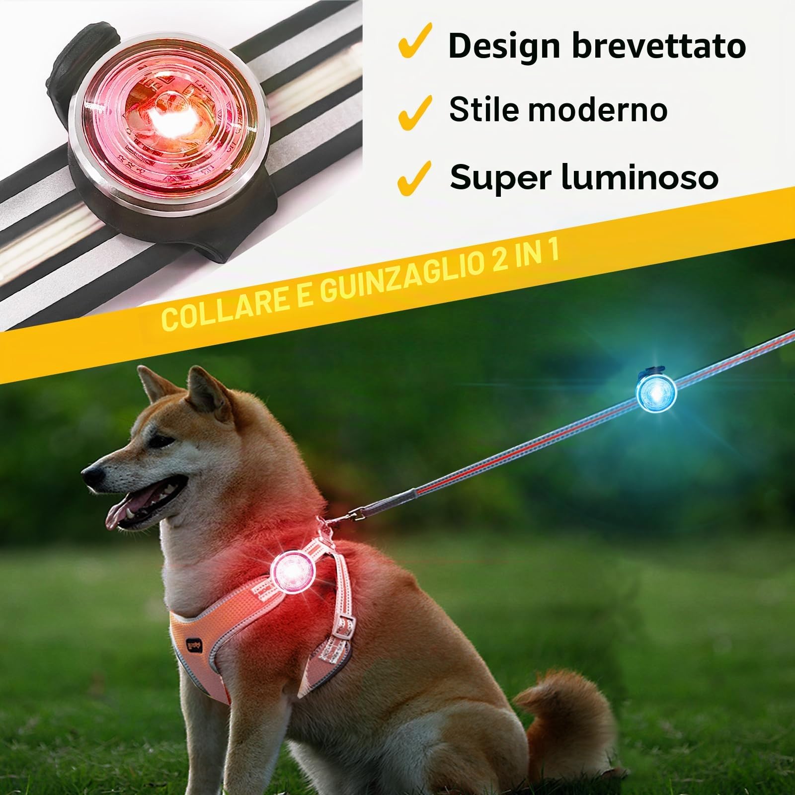 Tubasion Confezione da 2 luci per cani per passeggiate notturne, 8 modalità di luci ricaricabili migliorate per collare per cani per clip notturna, IPX6 impermeabile e luci di sicurezza a banda di
