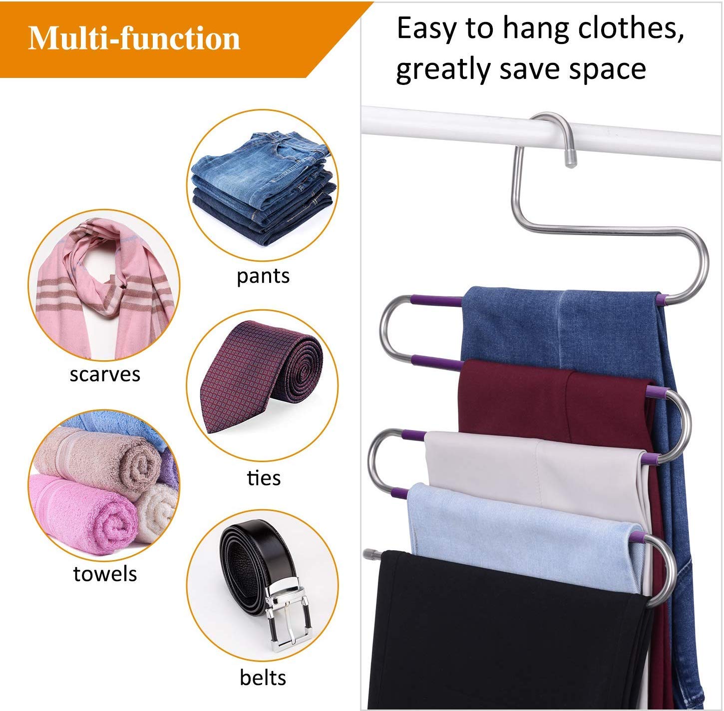Confezione da 6 grucce per pantaloni, salvaspazio, tipo S, antiscivolo, organizer per sciarpe, jeans, vestiti, pantaloni, asciugamani
