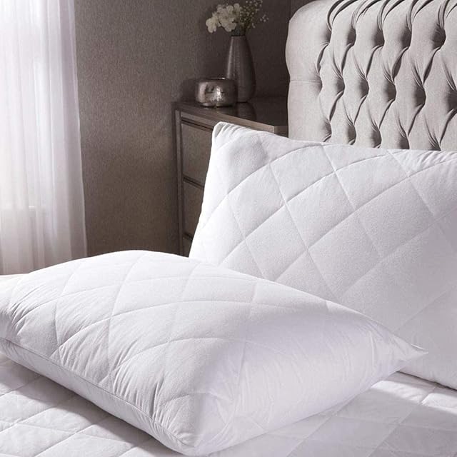 Pack of 2 DUCK FEATHER Pillow with Free Hotel Quality Quilted Pillow Cases - Anti Dust Mite - Washable - Premium Quality Non-allergenic Easy Care Pillow Pair, Extra Soft Comfort Deluxe (48 x 74cm)