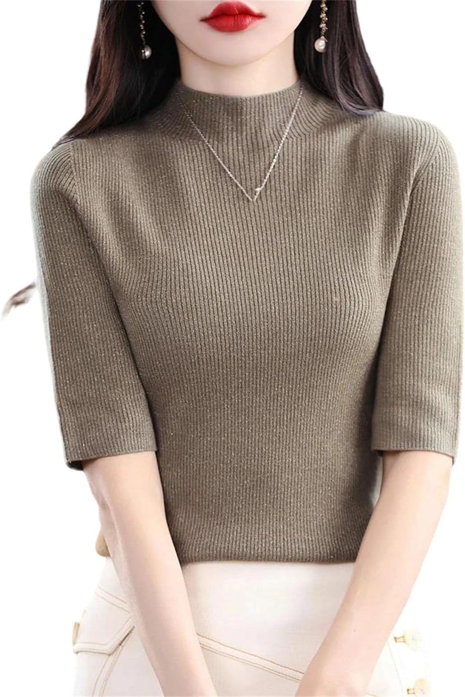 Women's Half Sleeve Slim Fit Sweater Half High Neck Pullover Top Casual Knitted Base Layer for Spring Summer