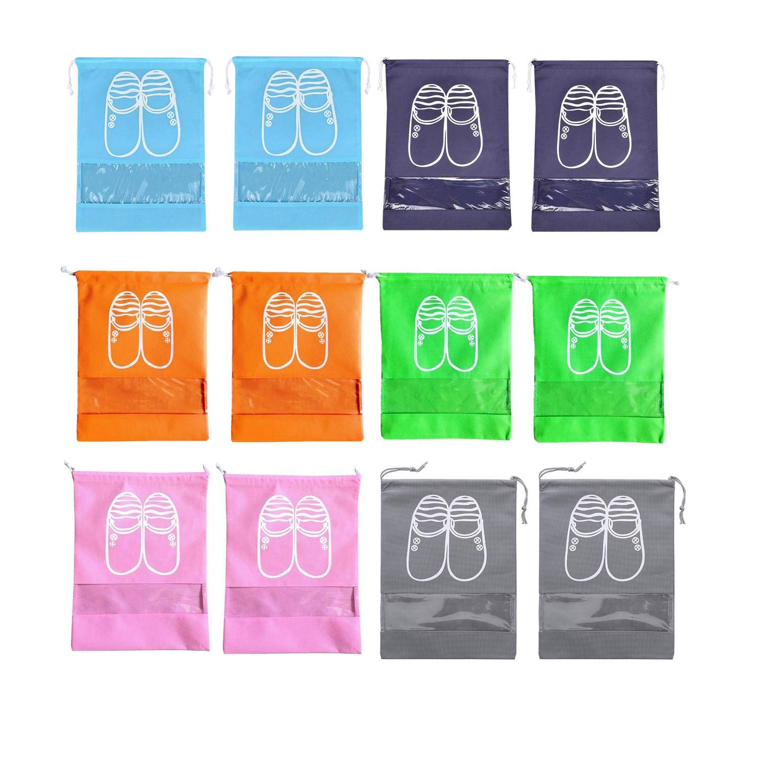 Lify Portable Travel Shoe Bags Shoe Organizer Space Saving Storage Bags- Aqua Blue, Navy Blue,Green, Grey, Orange & Pink 16 X 12'' Inches- 12 Piece Pack-image-2