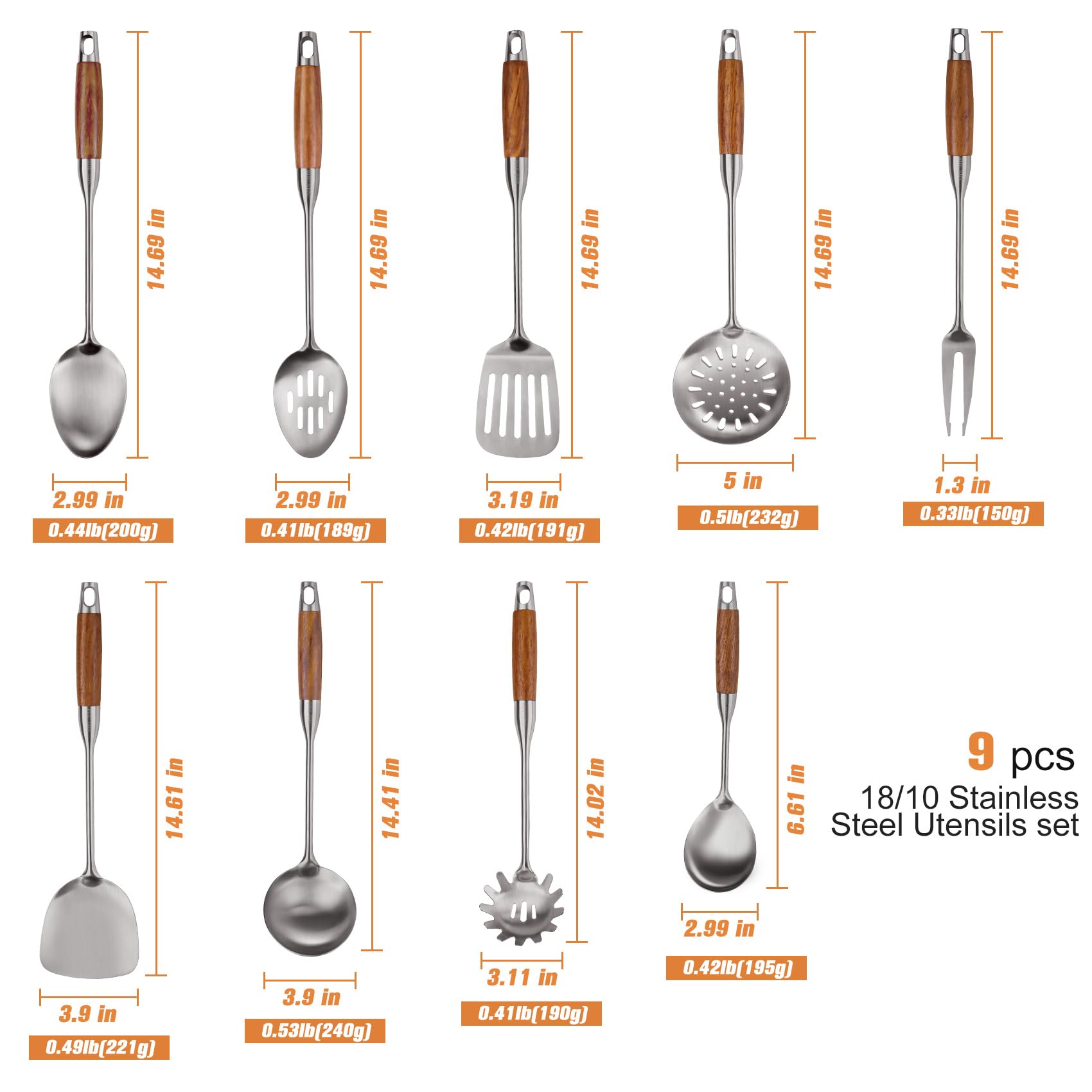 Set di utensili da cucina in acciaio inox 304 con manico in legno, set di utensili da cucina in metallo, spatola wok da cucina in acciaio inox