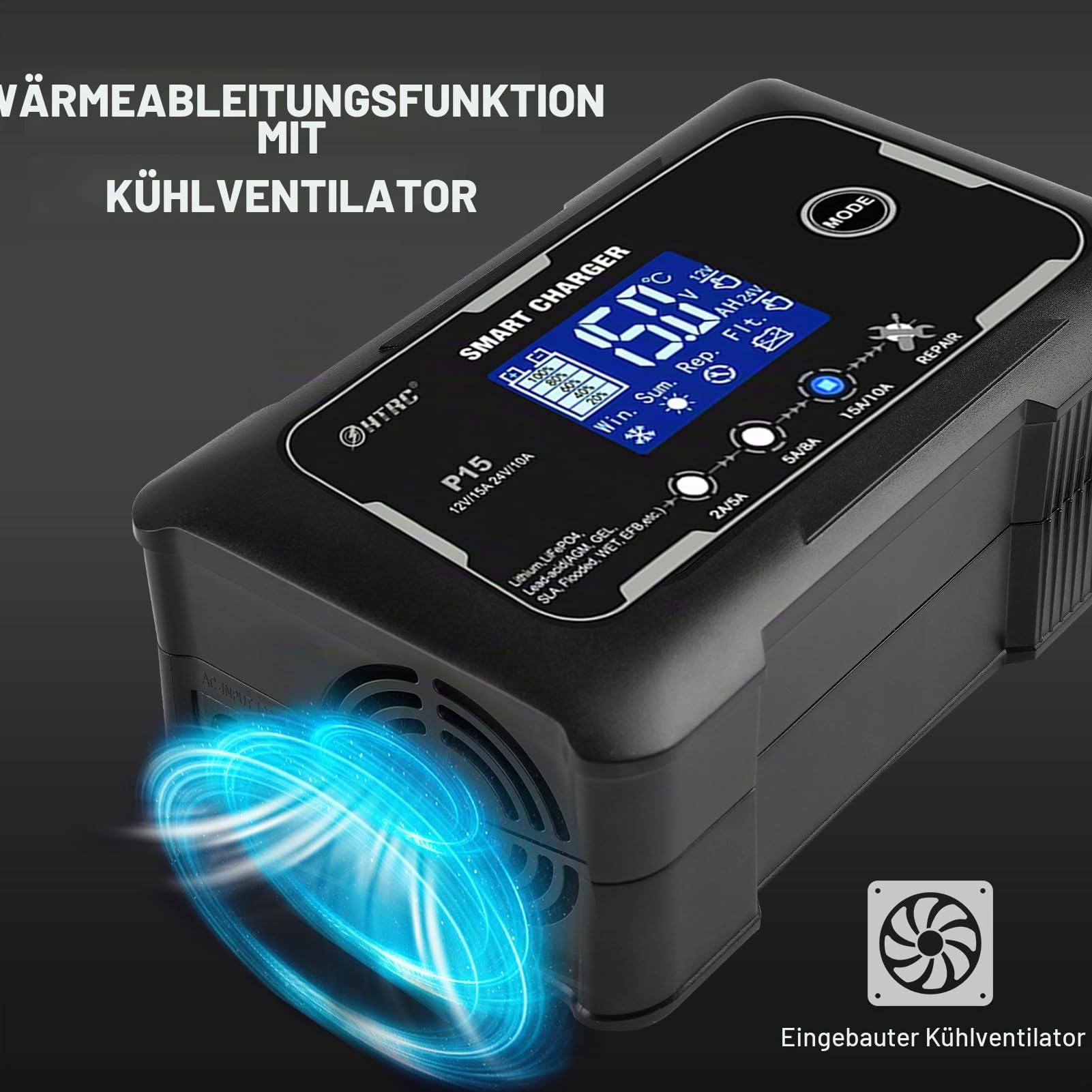 SolaMr 15A Auto-Batterie-Ladegerät, 12V und 24V Smart Automatic Battery Maintainer, Erhaltungsladegerät mit Temperaturkompensation für LKWs, Motorräder, Marine Lithium- und Blei-Säure-Batterien - P15