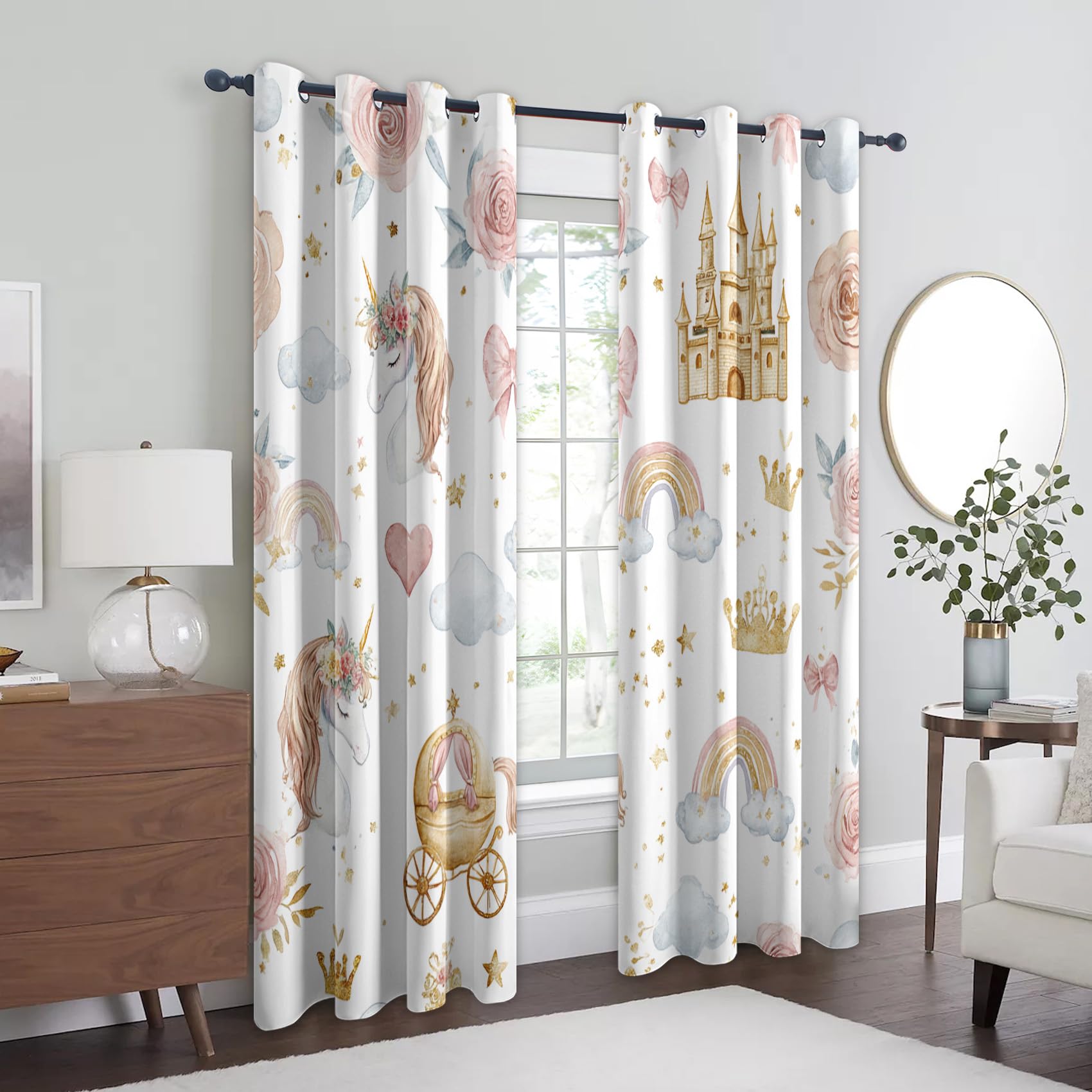 Generisch Prinzessin Vorhänge Blickdicht Gardinen mit Ösen, Mädchen Regenbogen Einhorn Deko Muster Wohnzimmer Schlafzimmer Fenster Verdunklungsvorhänge, H 160 x B 140 cm 2er Set Rc3636