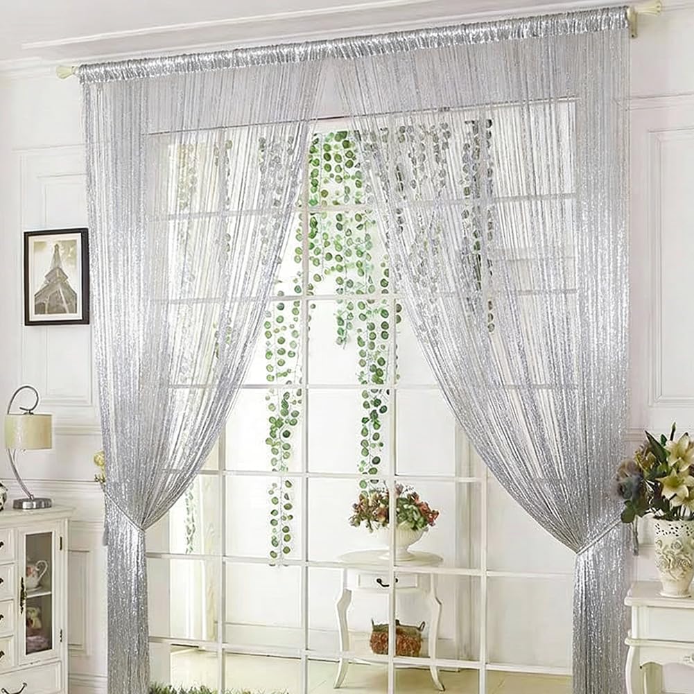 4 tende a fili per porta, con glitter, 100 x 200 cm, per porta a fili, per balcone, camera con frange, adatta per matrimoni, caffè (grigio argento)