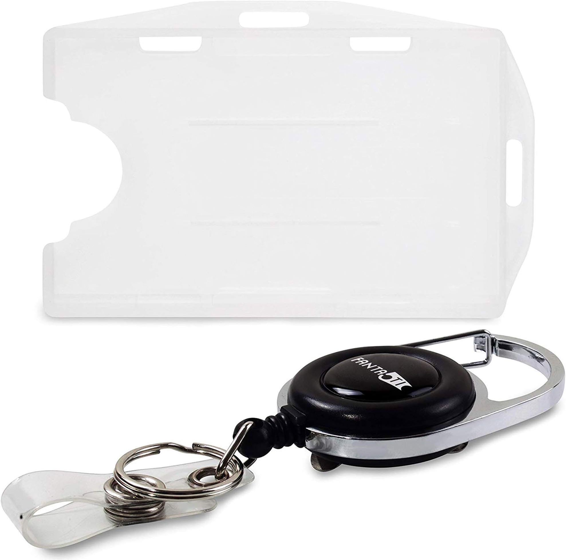 Retractable lD Badge Holder Rigid - with Carabiner Reel - Dual 2 Sided Open face Multi Card Holds Two ID Cards - Best for Both Vertical and Horizontal use