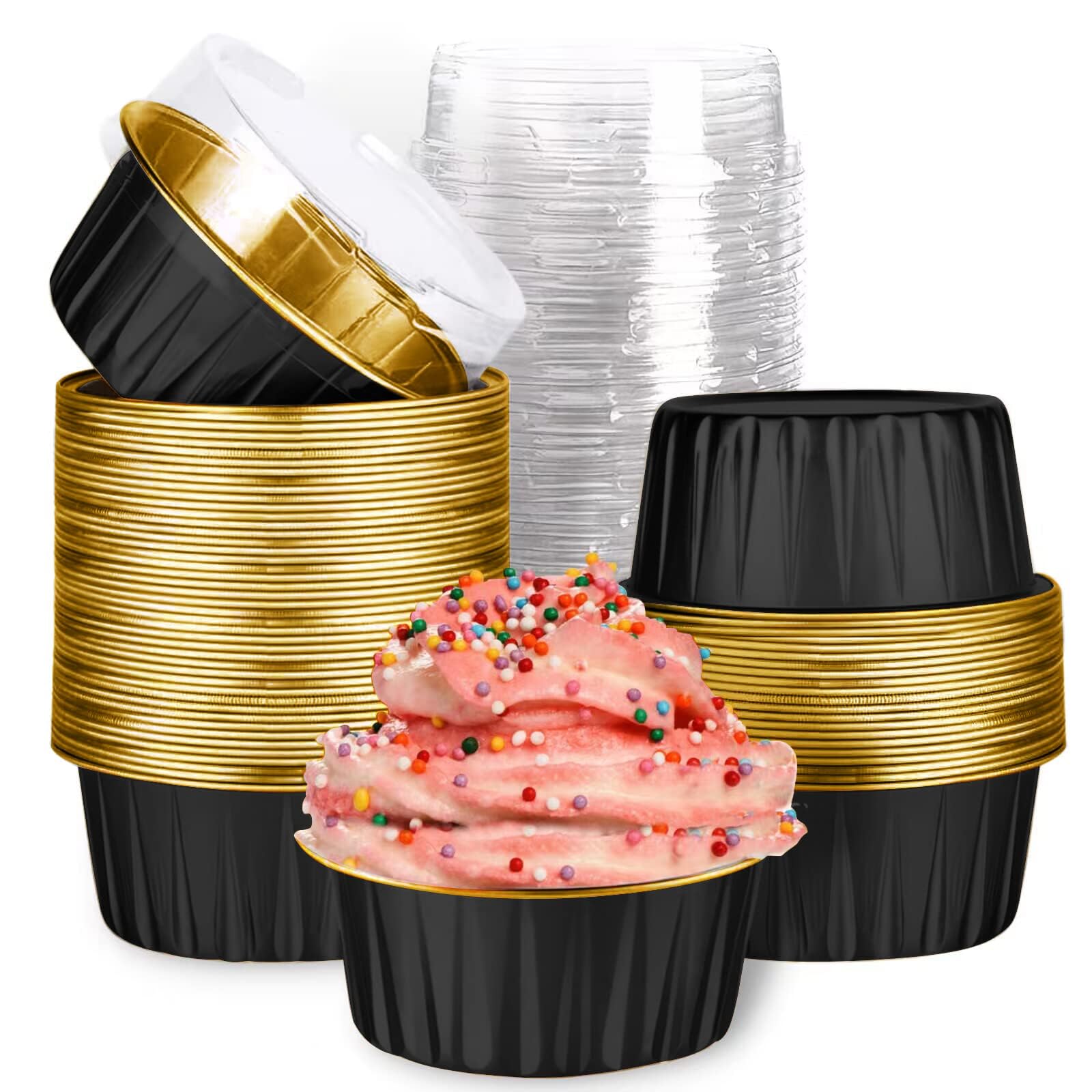 TazweeqBaking Cups with Lids,40 Pcs Mini Aluminum Foil Round Cupcake Foil Liners,Disposable Mini Cake Containers for Pudding Souffle Party Wedding