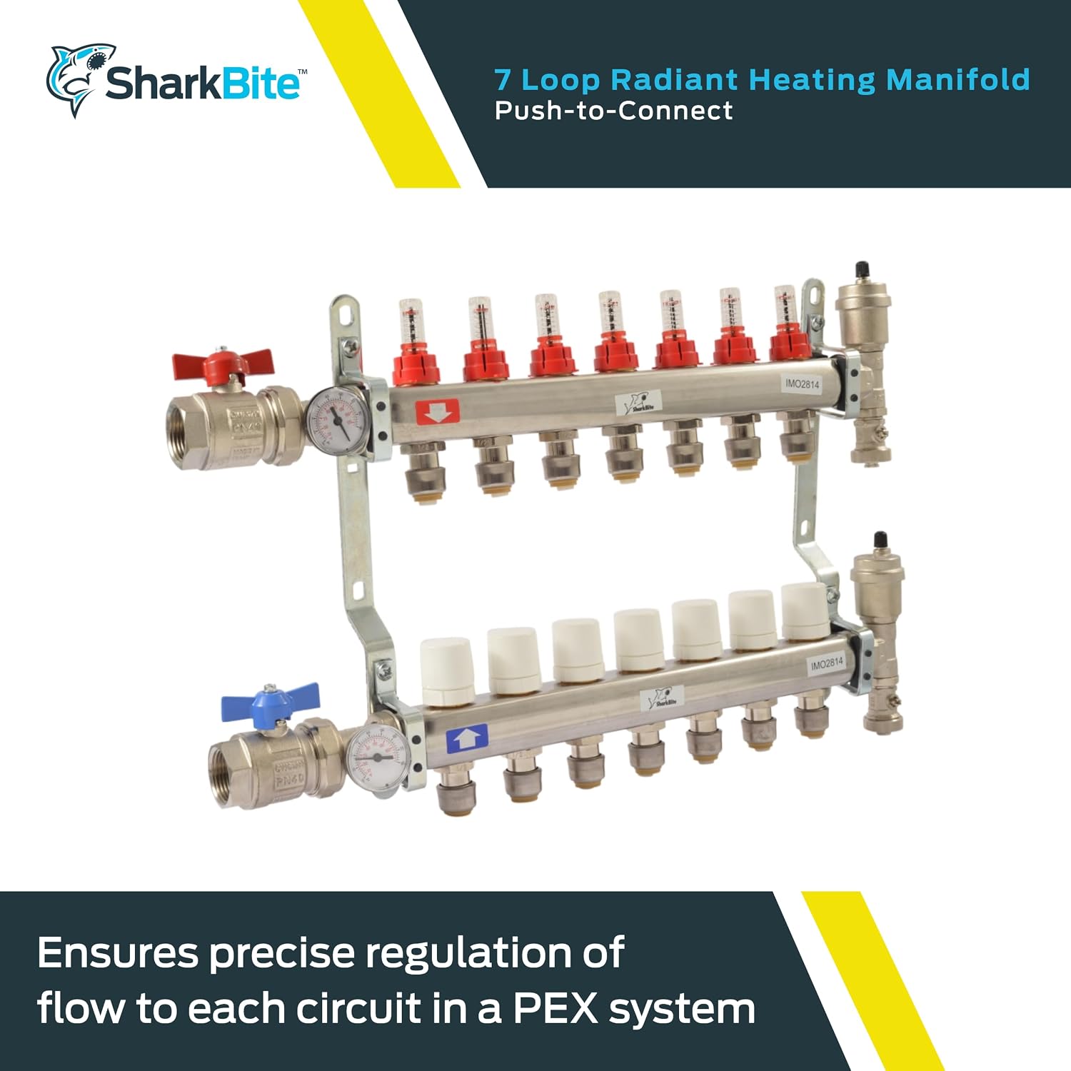 SharkBite 7 Loop Radiant Heating Manifold, Push to Connect Brass Plumbing Fitting, PEX Pipe, PE-RT, 24934