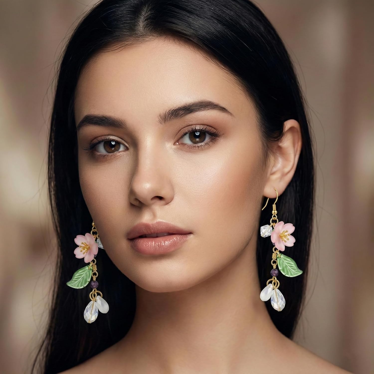 Kruckel Cherry Blossom Dangle Earrings for Women, Pink Sakura Flower Earrings with Green Leaf and Crystal Drop, Cute Elegant Spring Floral Jewelry Gift for Women