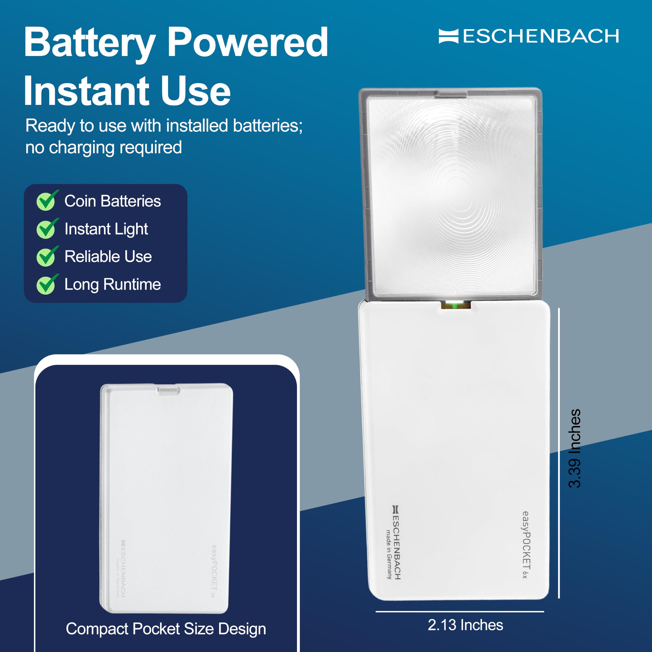 Eschenbach 152133 - Iluminada Lupa de Bolsillo, Iluminación y ampliación en un Formato de Tarjeta de crédito, Dioptría: 24, Color: Blanco, Aumento: 6X