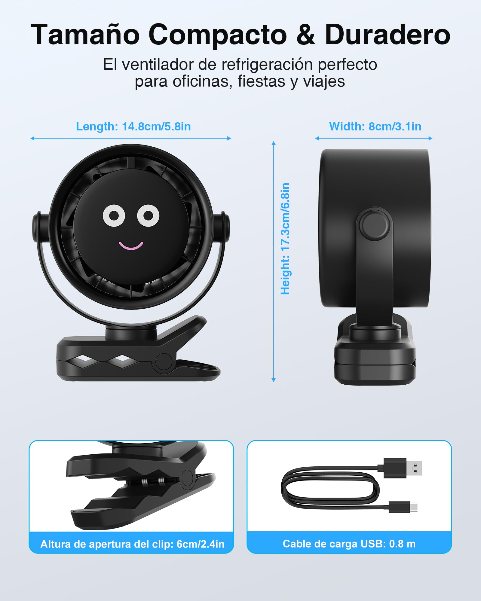 Ventilador Portátil de Clip, Mini Ventiladores de USB Recargable, Rotación de 720 Grados, 5 Velocidades con Pantalla LED, Silencioso Fan de Mesa para Oficina, Hogar, Acampar, Cochecito de Bebé