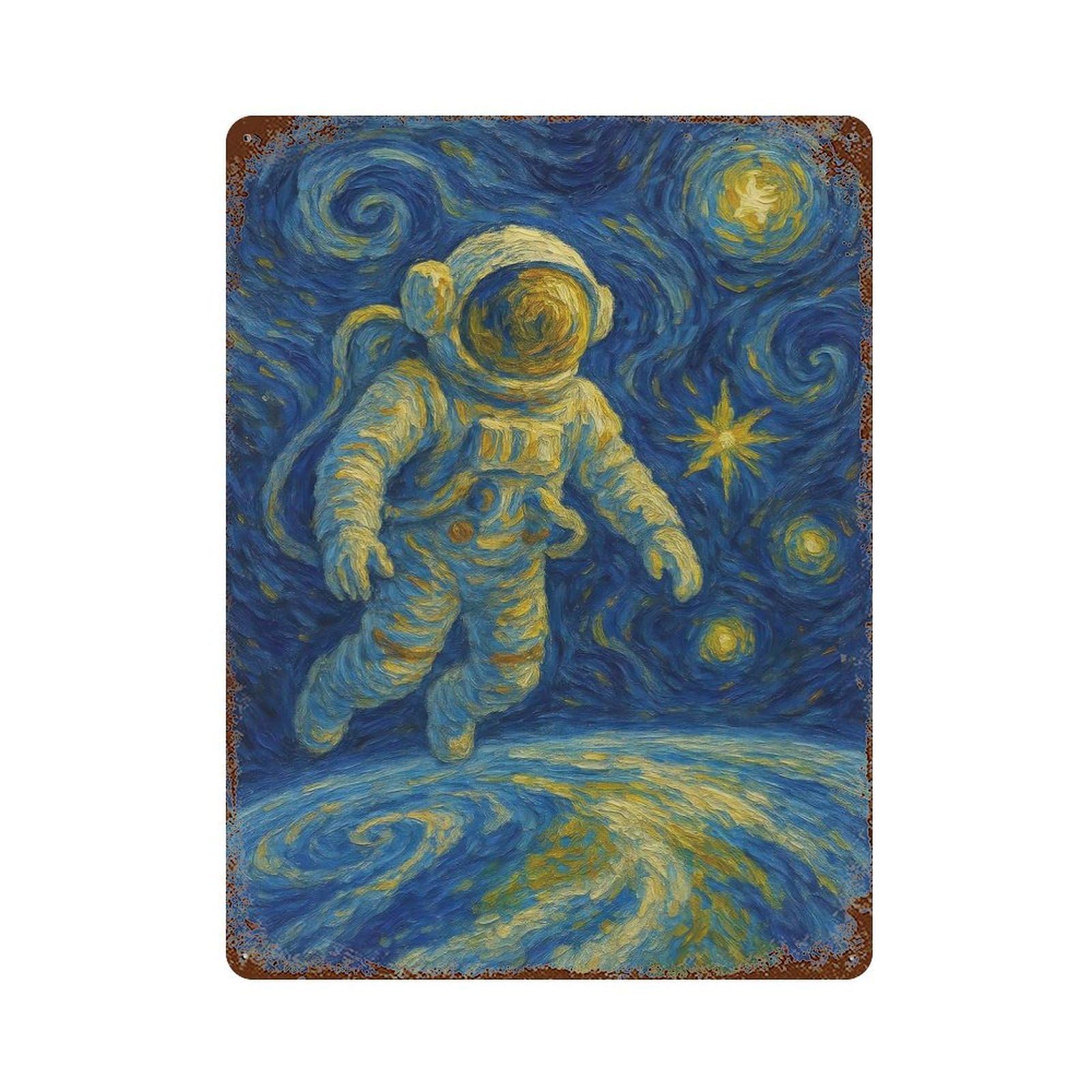 Rust Effect Astronaut in Starry Night Style Weathered Tin Sign 15.7"x11.8", Novelty Wall Decor for Office, Studio And Wall Decor