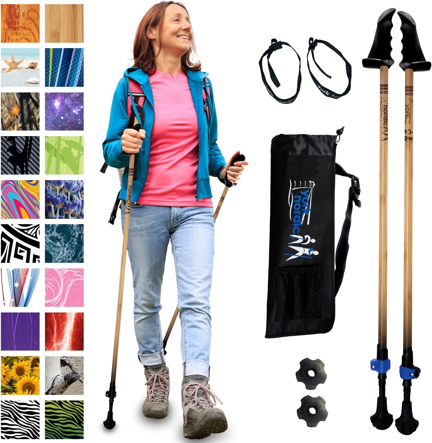 York Nordic Motivator Walking Poles for Balance and Rehab – Patented Stability Grips – Lightweight, Adjustable, and Collapsible – 2 Pieces Adjustable w/flip Locks – Heights 4’6″ up to 6’2″ – 230 lbs