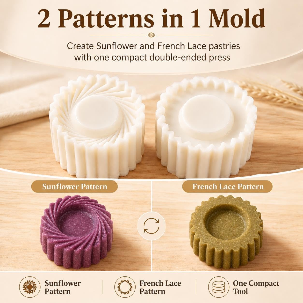 Sunflower Patterned Round Hand Press Mooncake Double Ended Pastry Mold
