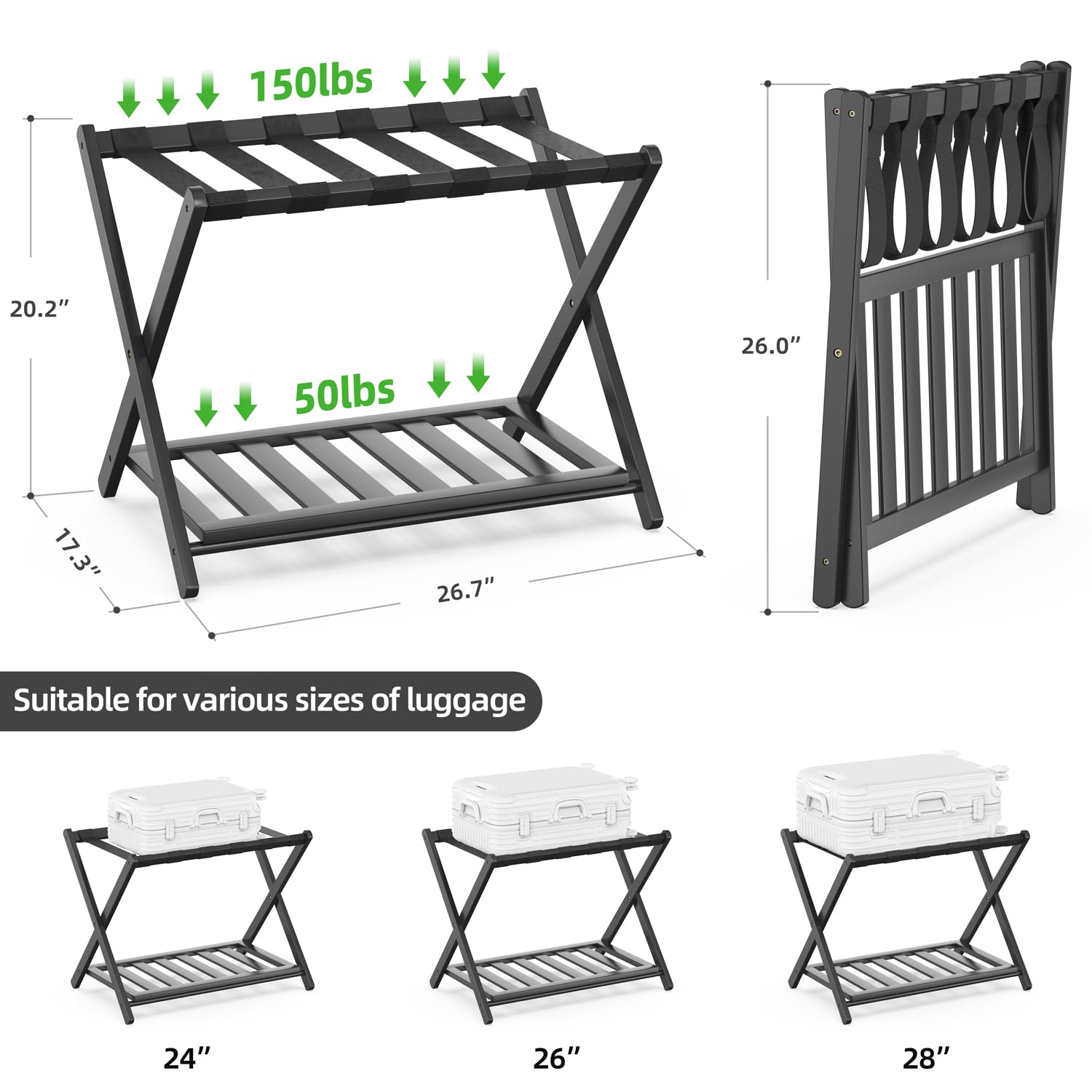 BAMBOOHOMIE Paquete de 2 portaequipajes de bambú para habitación de invitados, soporte plegable de 26.7 pulgadas con estante de almacenamiento, soporte grueso para equipaje para dormitorio, hotel