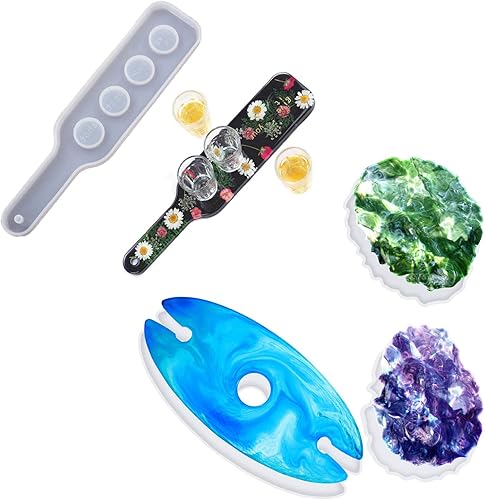 Miniatura 4 de Lveofielygi Juego de 4 moldes de resina para servir de vidrio de chupito, 1 molde de silicona para soporte de vino, 1 molde de bandeja para vasos de